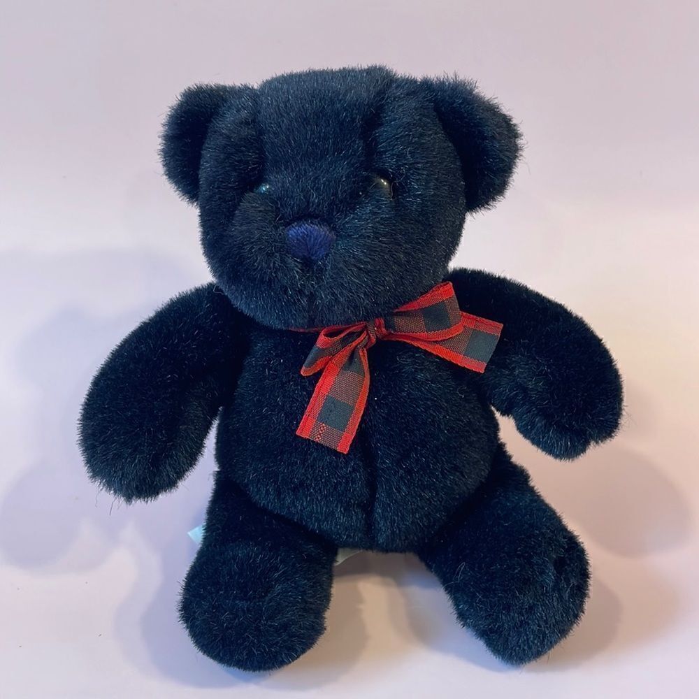 Vintage Gund Black Bear with Red & Black Plaid Bow Excellent Condition 6” tall